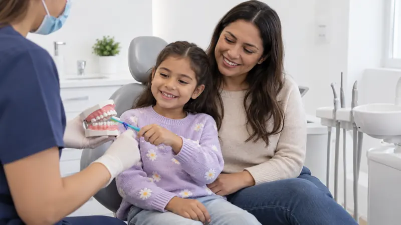 Niña acompañada por su mamá durante una explicación dental en Querétaro