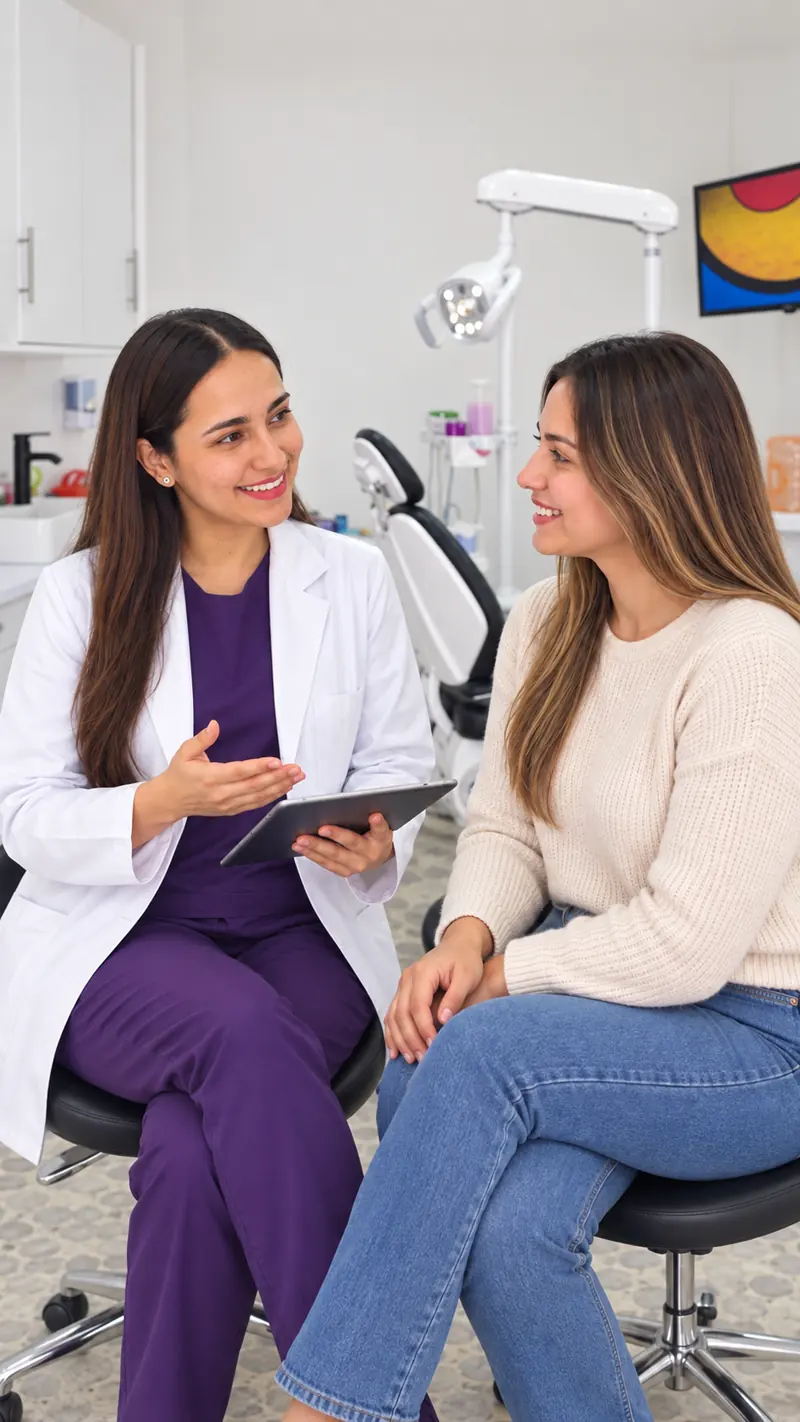 Dra. Karen Ortiz explicando prevención dental a una paciente en Querétaro