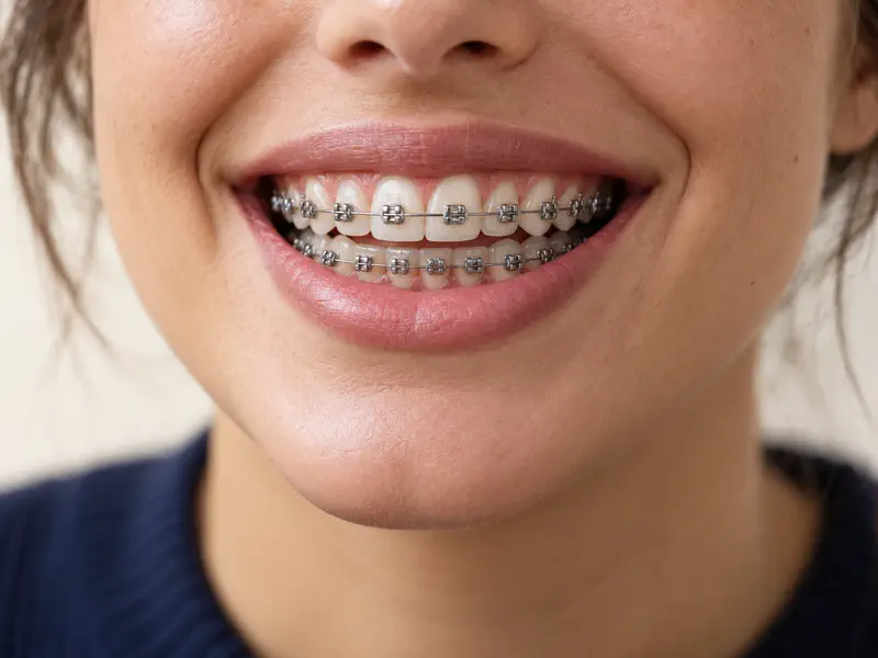 Sonrisa con brackets durante un tratamiento de ortodoncia en Querétaro